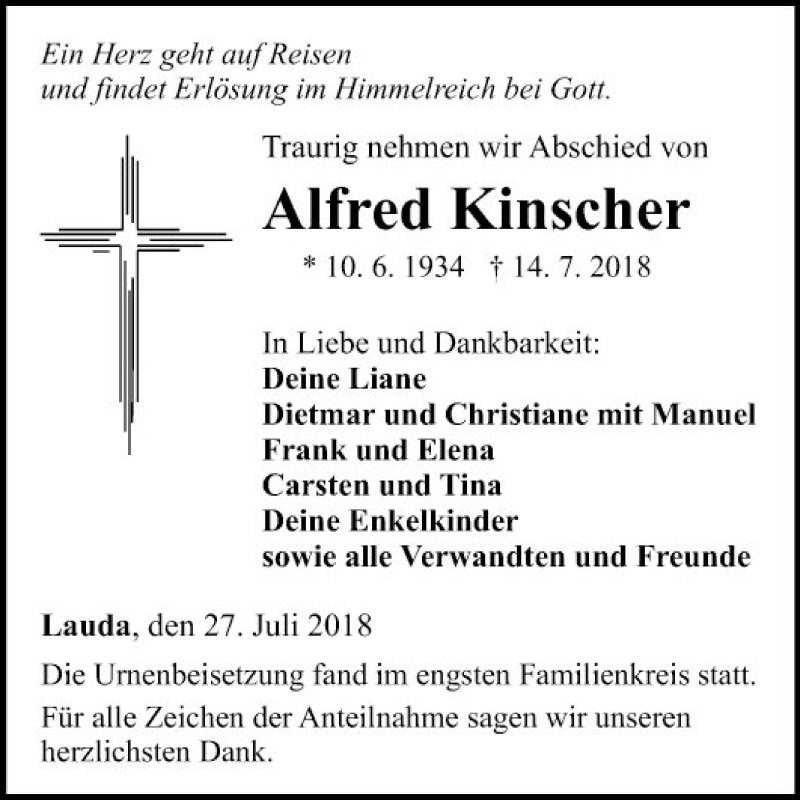 Traueranzeigen Von Alfred Kinscher Trauerportal Ihrer Tageszeitung