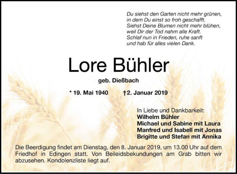 Traueranzeigen Von Lore B Hler Trauerportal Ihrer Tageszeitung