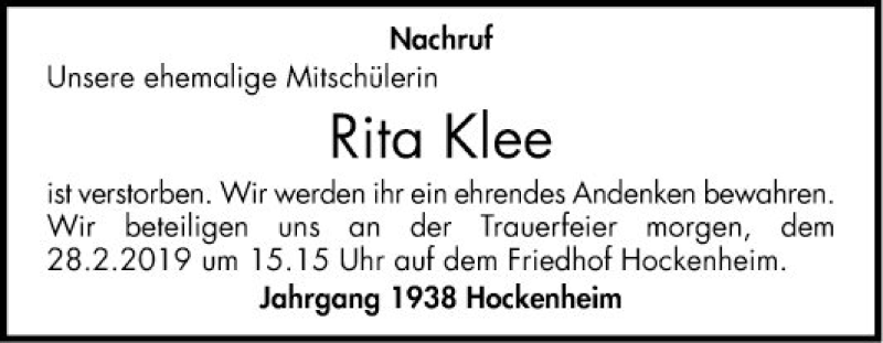 Traueranzeigen Von Rita Klee Trauerportal Ihrer Tageszeitung