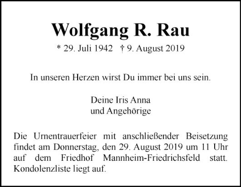 Traueranzeigen Von Wolfgang R Rau Trauerportal Ihrer Tageszeitung