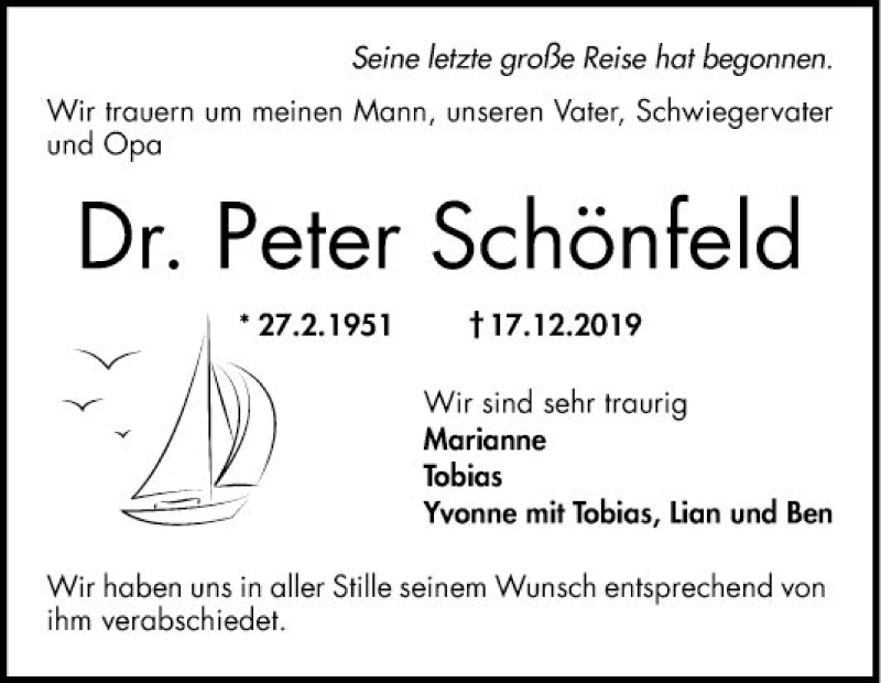 Traueranzeigen von Peter Schönfeld Trauerportal Ihrer Tageszeitung