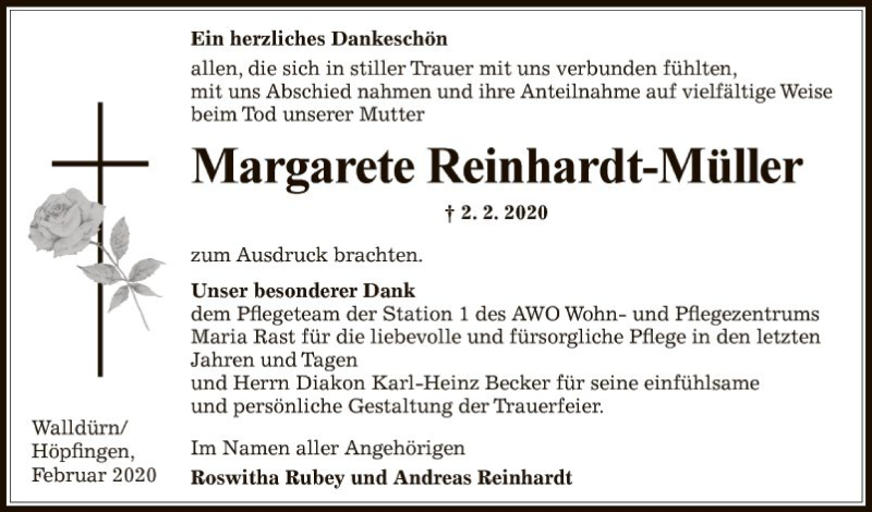 Traueranzeigen von Margarete Reinhardt Müller Trauerportal Ihrer