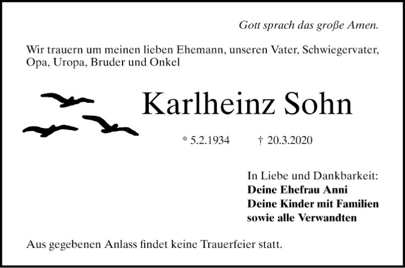 Traueranzeigen Von Karlheinz Sohn Trauerportal Ihrer Tageszeitung