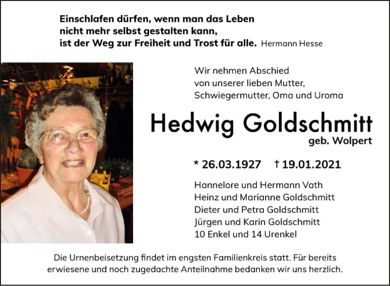 Traueranzeigen Von Hedwig Goldschmitt Trauerportal Ihrer Tageszeitung