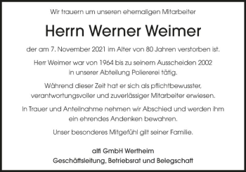 Traueranzeigen Von Werner Weimer Trauerportal Ihrer Tageszeitung