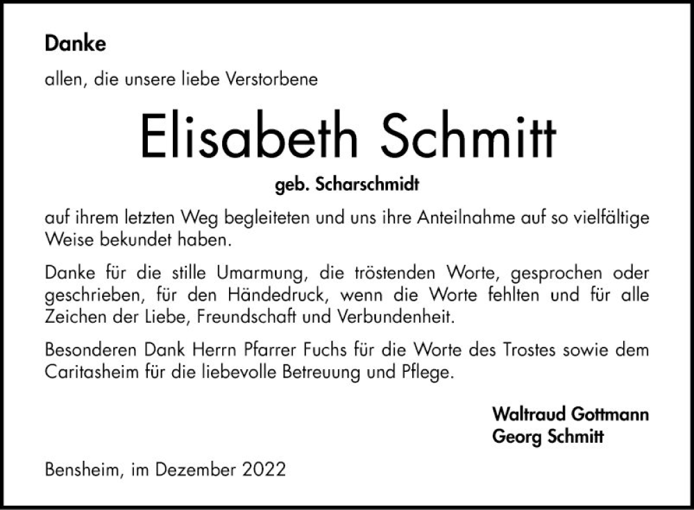 Traueranzeigen Von Elisabeth Schmitt Trauerportal Ihrer Tageszeitung