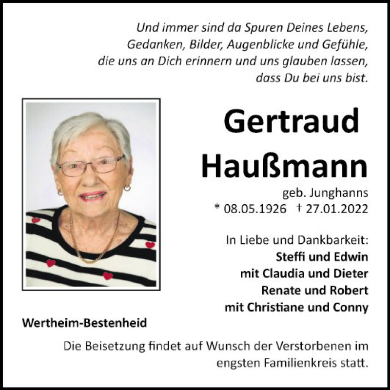 Traueranzeigen von Gertraud Haußmann Trauerportal Ihrer Tageszeitung