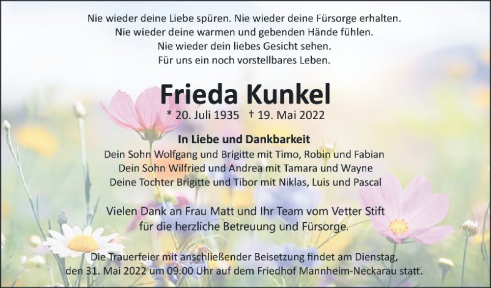 Traueranzeigen Von Frieda Kunkel Trauerportal Ihrer Tageszeitung