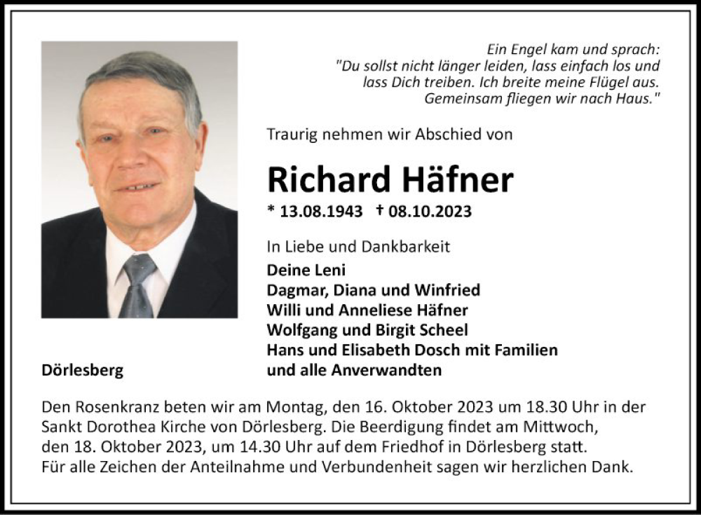 Traueranzeigen von Richard Häfner Trauerportal Ihrer Tageszeitung