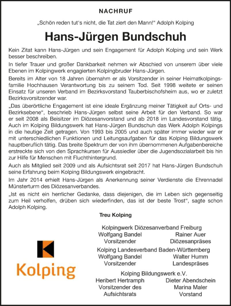 Traueranzeigen von Hans Jürgen Bundschuh Trauerportal Ihrer Tageszeitung