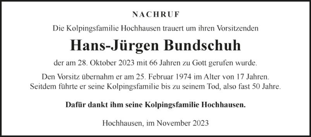 Traueranzeigen von Hans Jürgen Bundschuh Trauerportal Ihrer Tageszeitung