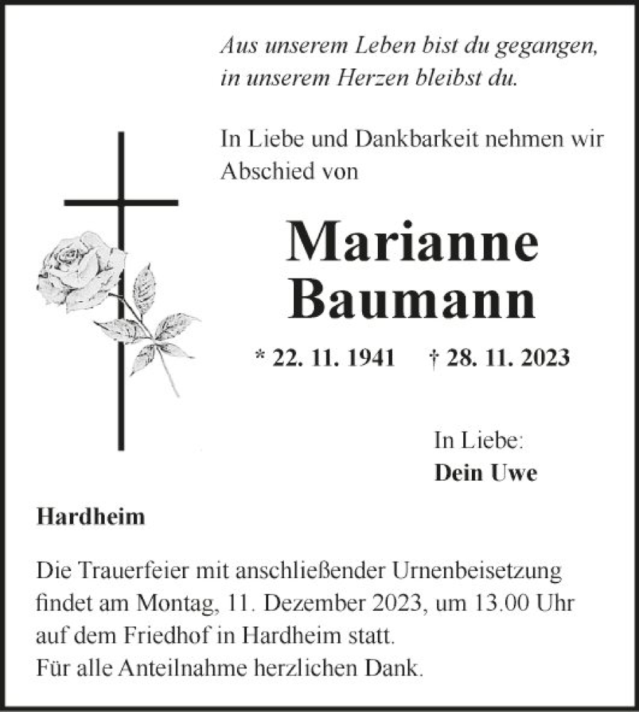 Traueranzeigen Von Marianne Baumann Trauerportal Ihrer Tageszeitung