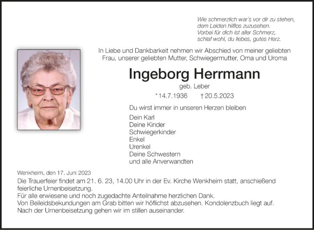 Traueranzeigen Von Ingeborg Herrmann Trauerportal Ihrer Tageszeitung