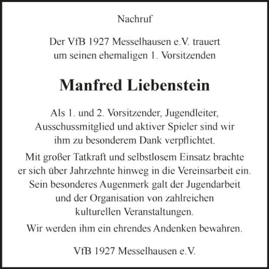 Traueranzeigen Von Manfred Liebenstein Trauerportal Ihrer Tageszeitung