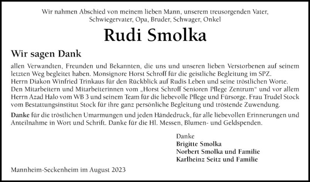 Traueranzeigen Von Rudi Smolka Trauerportal Ihrer Tageszeitung