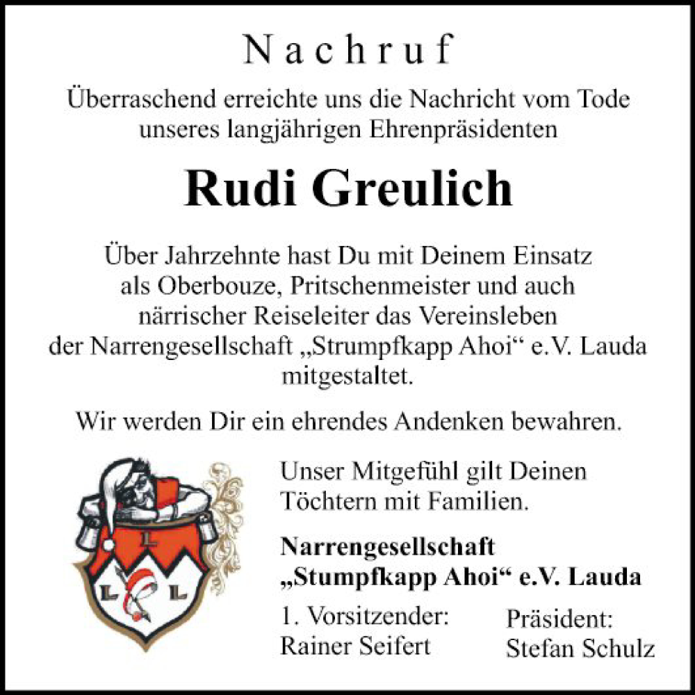 Traueranzeigen Von Rudi Greulich Trauerportal Ihrer Tageszeitung