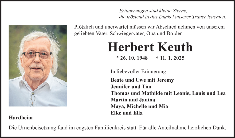 Traueranzeigen Von Herbert Keuth Trauerportal Ihrer Tageszeitung