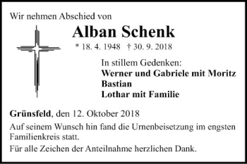 Traueranzeige von Alban Schenk von Fränkische Nachrichten