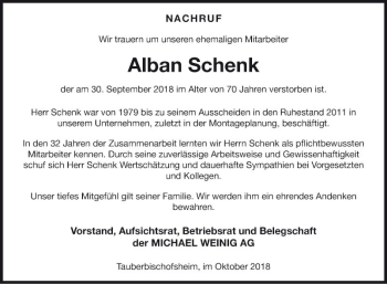 Traueranzeige von Alban Schenk von Fränkische Nachrichten