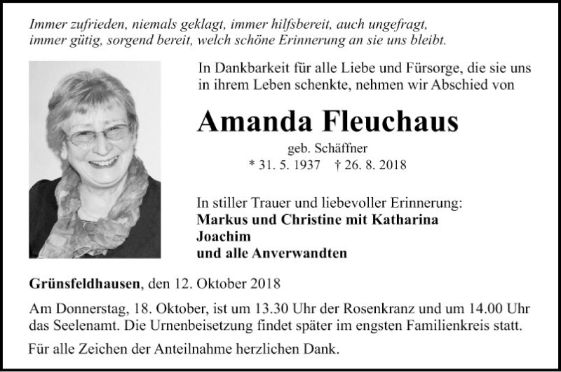  Traueranzeige für Amanda Fleuchaus vom 12.10.2018 aus Fränkische Nachrichten