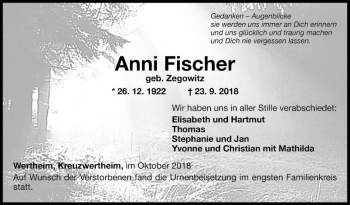 Traueranzeige von Anni Fischer von Fränkische Nachrichten