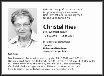 Traueranzeige von Christel Ries von Fränkische Nachrichten