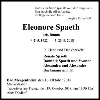Traueranzeige von Eleonore Spaeth von Fränkische Nachrichten
