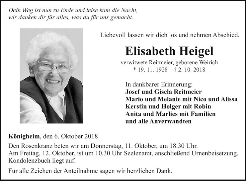  Traueranzeige für Elisabeth Heigel vom 06.10.2018 aus Fränkische Nachrichten