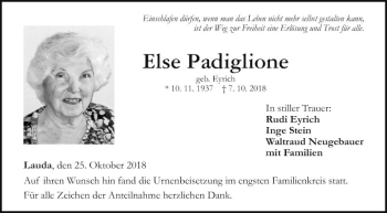Traueranzeige von Else Padiglione von Fränkische Nachrichten