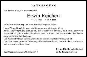 Traueranzeige von Erwin Reichert von Fränkische Nachrichten