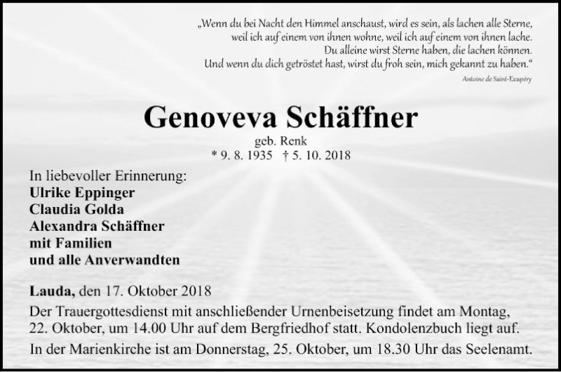  Traueranzeige für Genoveva Schäffner vom 17.10.2018 aus Fränkische Nachrichten