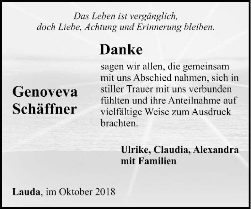  Traueranzeige für Genoveva Schäffner vom 31.10.2018 aus 