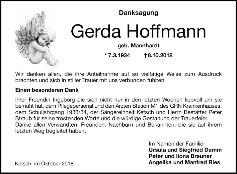 Traueranzeigen von Gerda Hoffmann | Trauerportal Ihrer Tageszeitung
