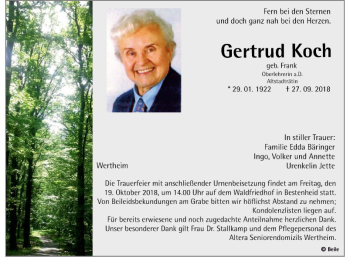 Traueranzeige von Gertrud Koch von Fränkische Nachrichten