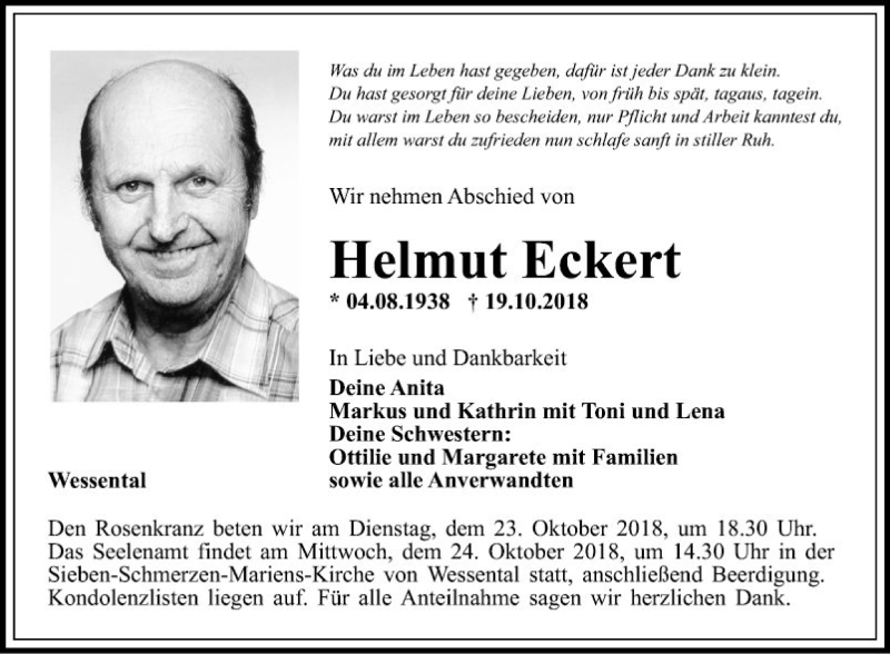  Traueranzeige für Helmut Eckert vom 22.10.2018 aus Fränkische Nachrichten