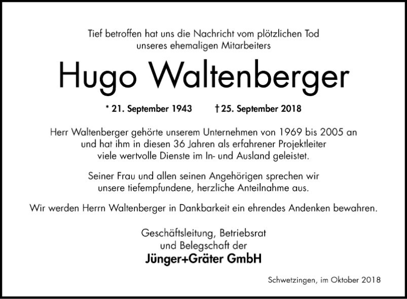  Traueranzeige für Hugo Waltenberger vom 06.10.2018 aus Schwetzinger Zeitung