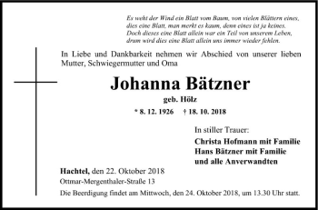 Traueranzeige von Johanna Bätzner von Fränkische Nachrichten