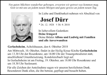 Traueranzeige von Josef Dürr von Fränkische Nachrichten