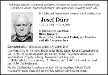 Traueranzeige von Josef Dürr von Fränkische Nachrichten