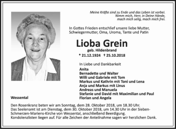 Traueranzeige von Lioba Grein von Fränkische Nachrichten