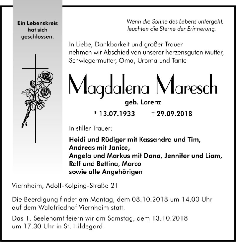  Traueranzeige für Magdalena Maresch vom 05.10.2018 aus Südhessen Morgen