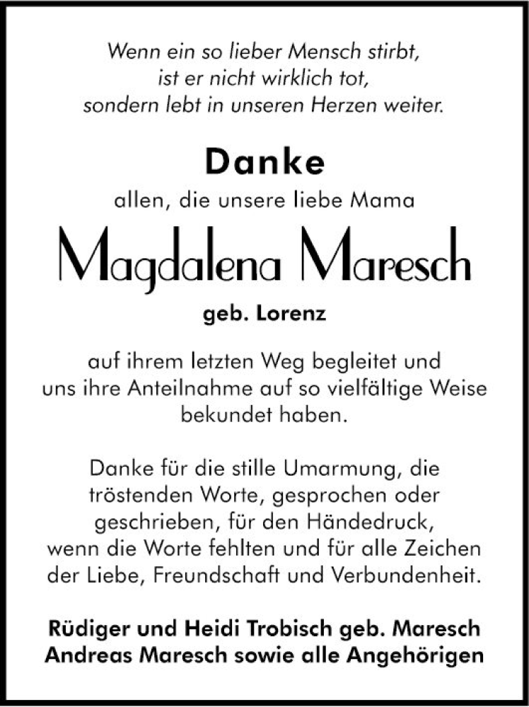  Traueranzeige für Magdalena Maresch vom 20.10.2018 aus Südhessen Morgen