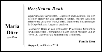 Traueranzeige von Maria Dörr von Fränkische Nachrichten