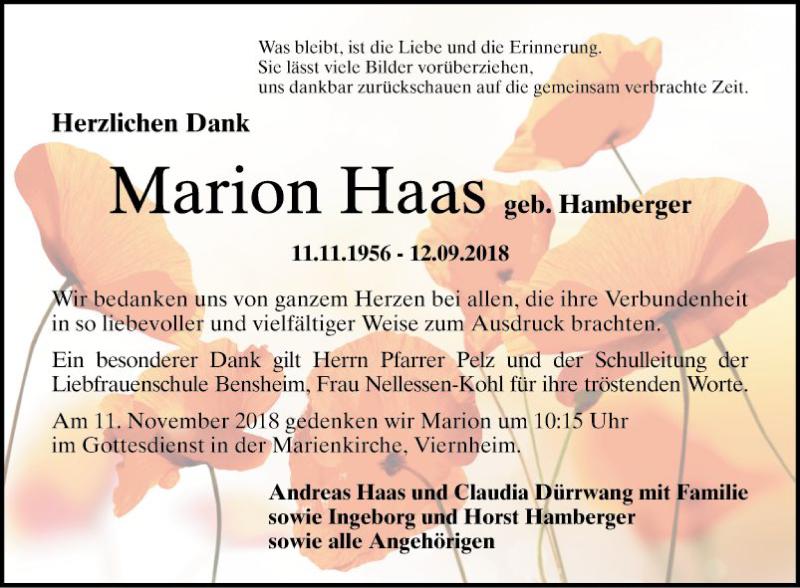  Traueranzeige für Marion Haas vom 27.10.2018 aus Südhessen Morgen