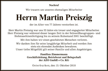Traueranzeige von Martin Preiszig von Fränkische Nachrichten