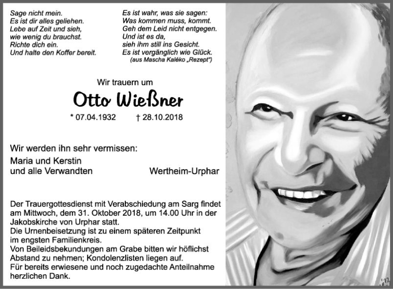  Traueranzeige für Otto Wießner vom 30.10.2018 aus Fränkische Nachrichten