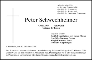 Traueranzeige von Peter Schwechheimer von Schwetzinger Zeitung