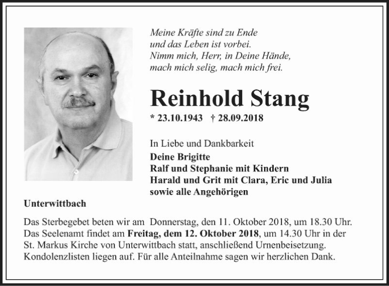  Traueranzeige für Reinhold Stang vom 06.10.2018 aus Fränkische Nachrichten