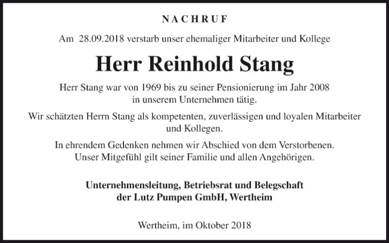  Traueranzeige für Reinhold Stang vom 11.10.2018 aus Fränkische Nachrichten