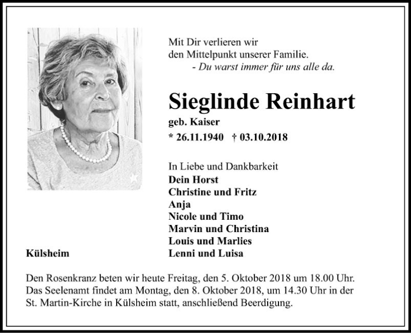  Traueranzeige für Sieglinde Reinhart vom 05.10.2018 aus Fränkische Nachrichten